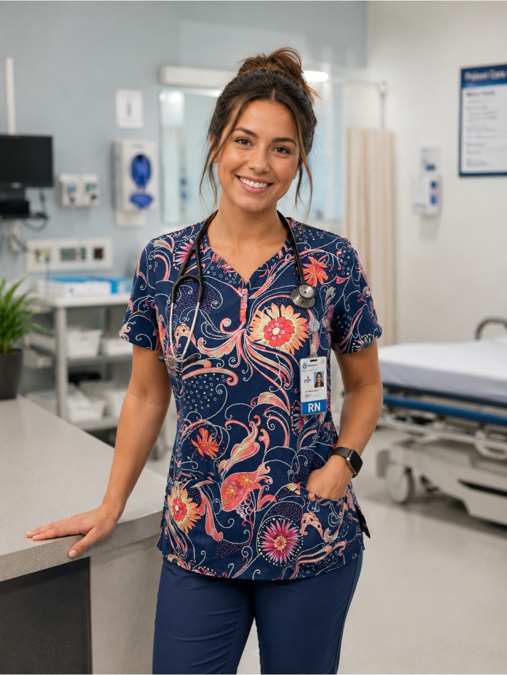 Wrinkle free Navy Floral Print Women's Scrub Top